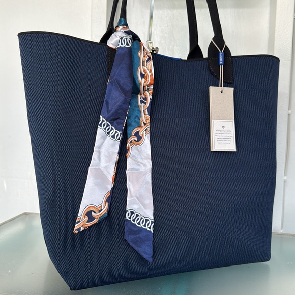 Rothy’s Bag Large Elegant Navy Blue Canvas Tote Bag with Scarf Accent - Picture 1 of 15